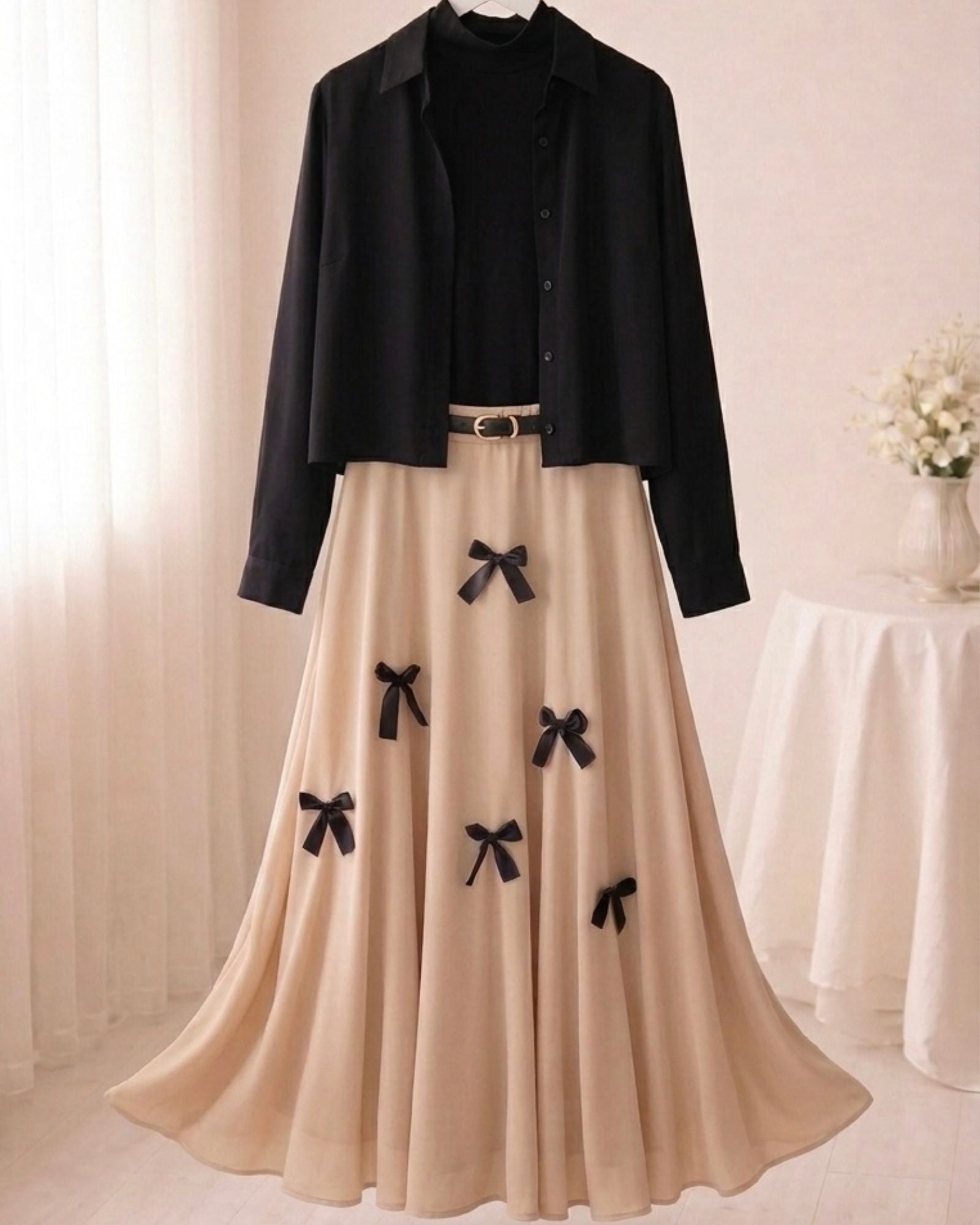 Black Shirt & Beige Maxi Bow Skirt