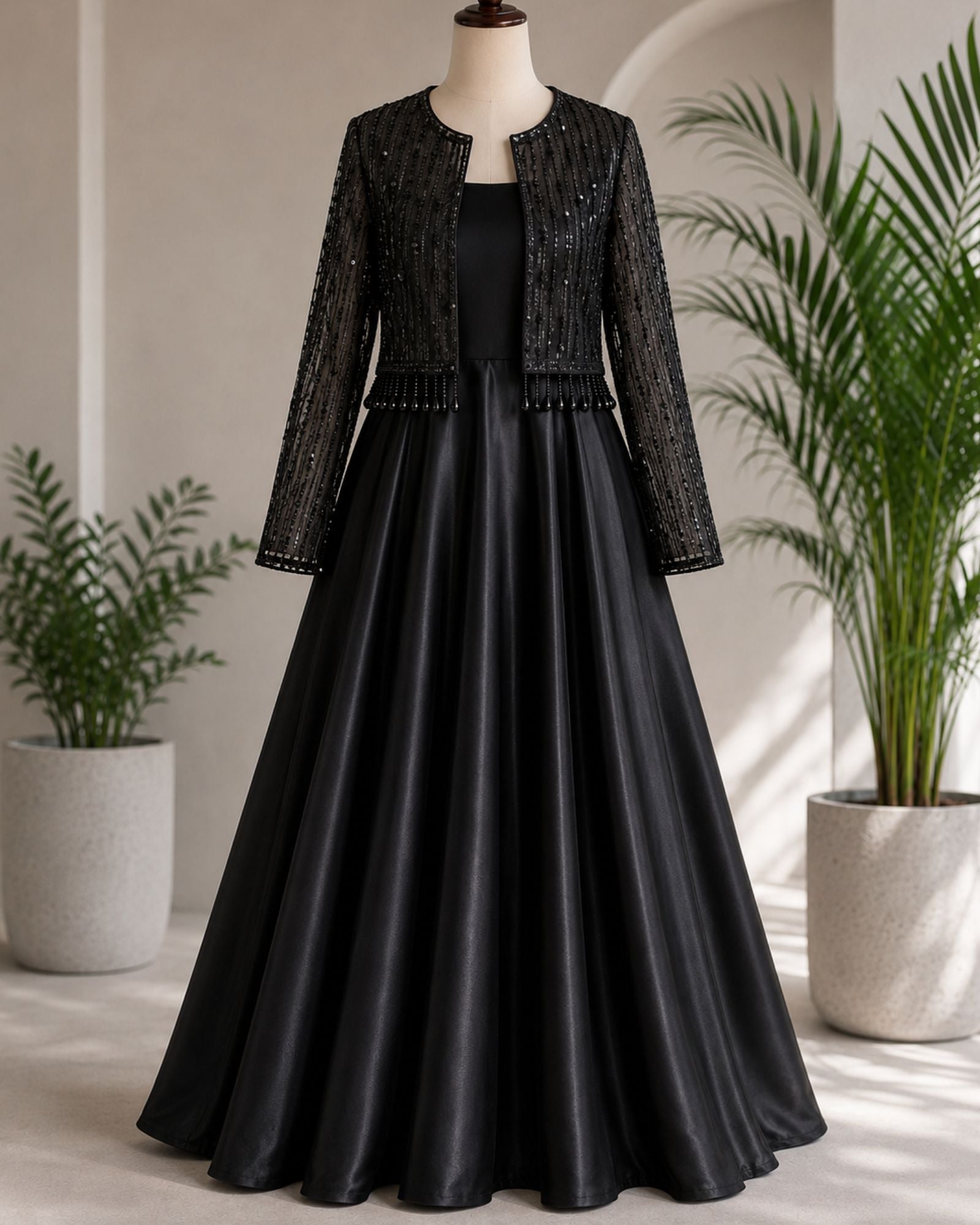 Luxury Black Maxi Dress with Sequin Jacket