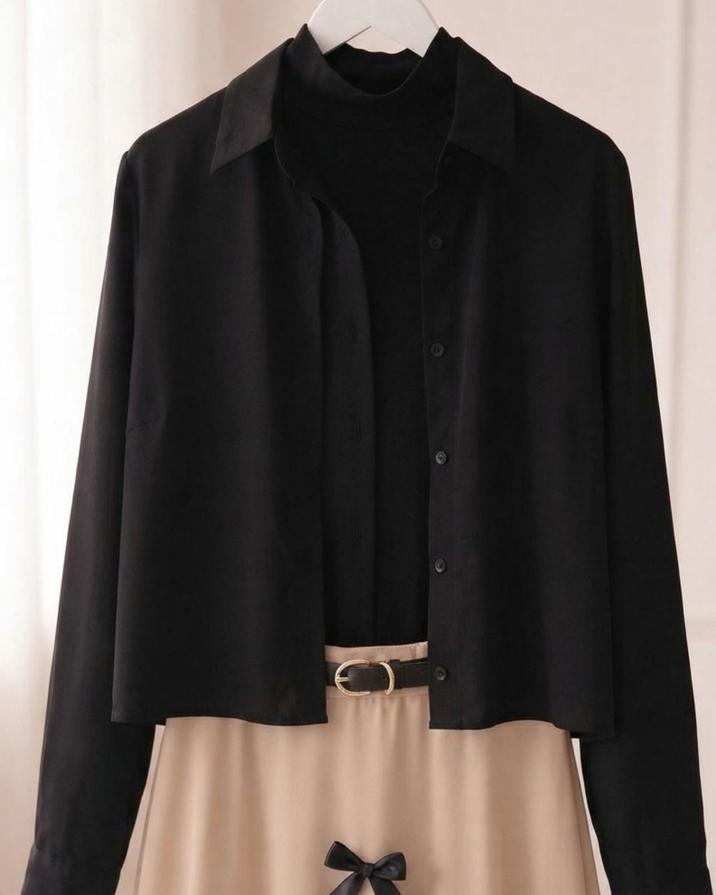 Black Shirt & Beige Maxi Bow Skirt