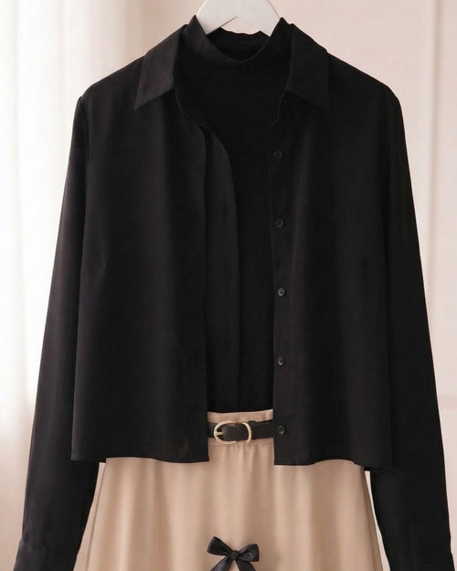 Black Shirt & Beige Maxi Bow Skirt
