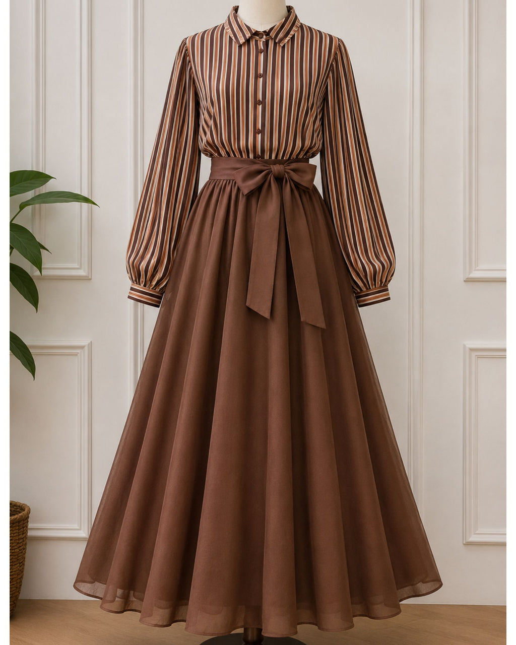 Brown Striped Bow Waist Modest Maxi Dress