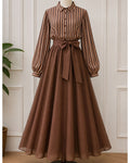 Brown Striped Bow Waist Modest Maxi Dress