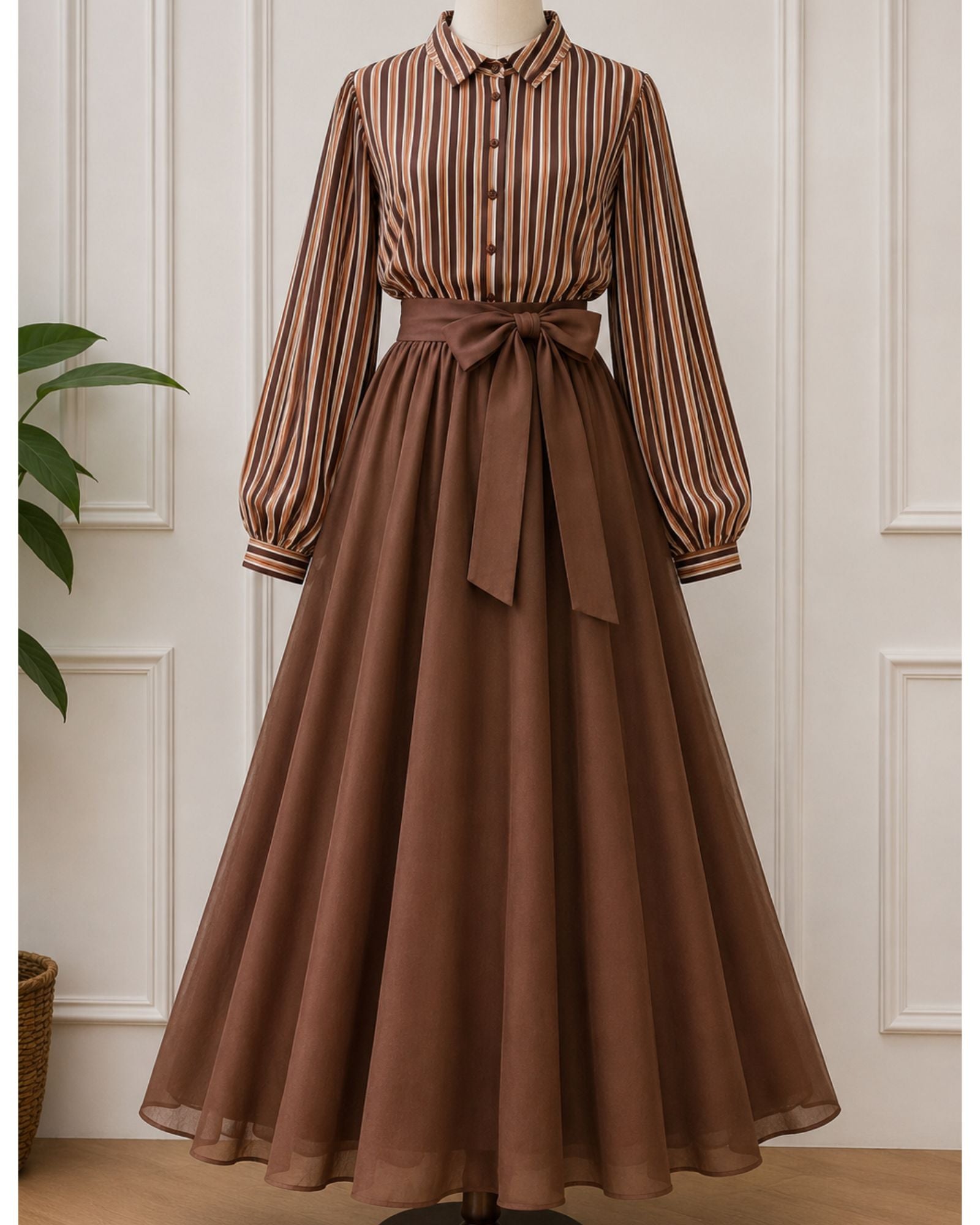 Brown Striped Bow Waist Modest Maxi Dress