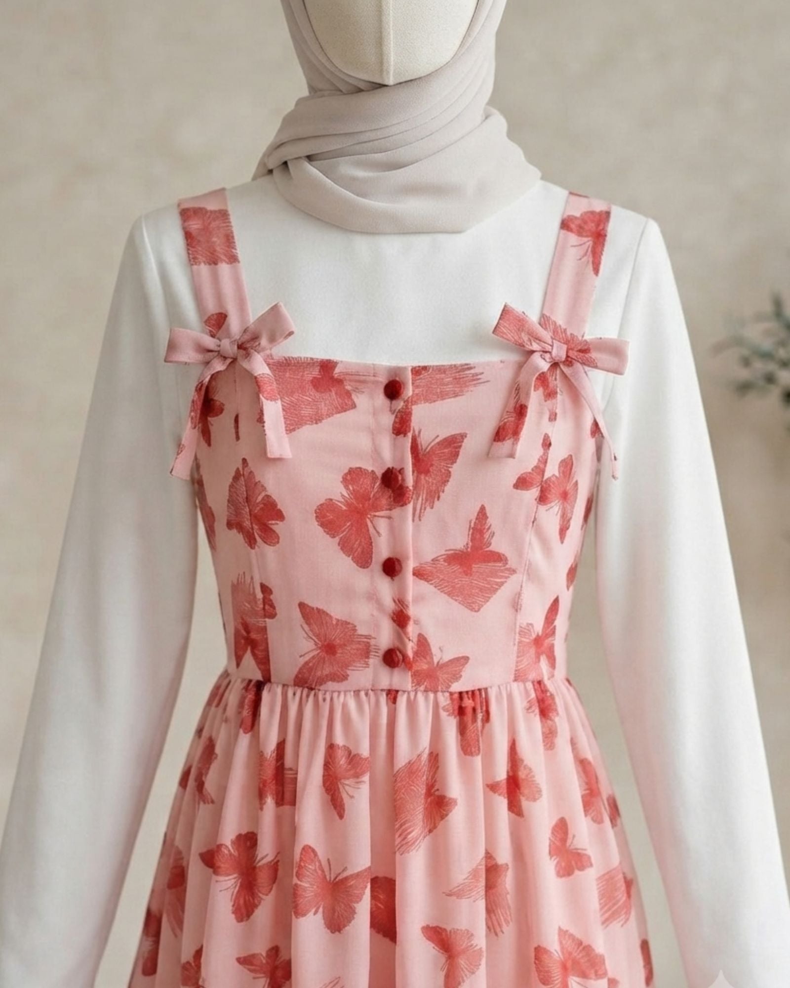 Butterfly Print Layered Modest Dress