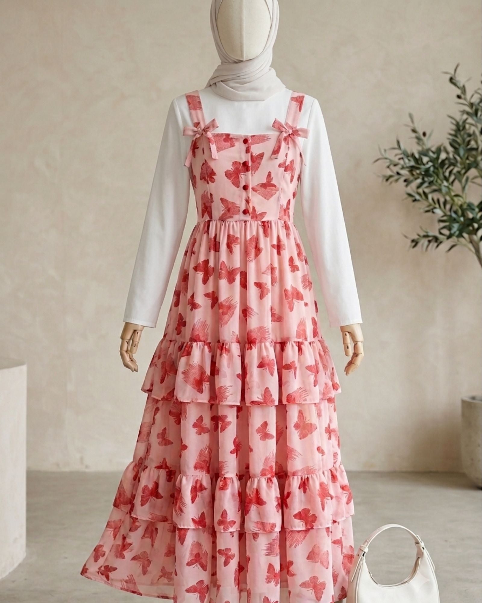 Butterfly Print Layered Modest Dress
