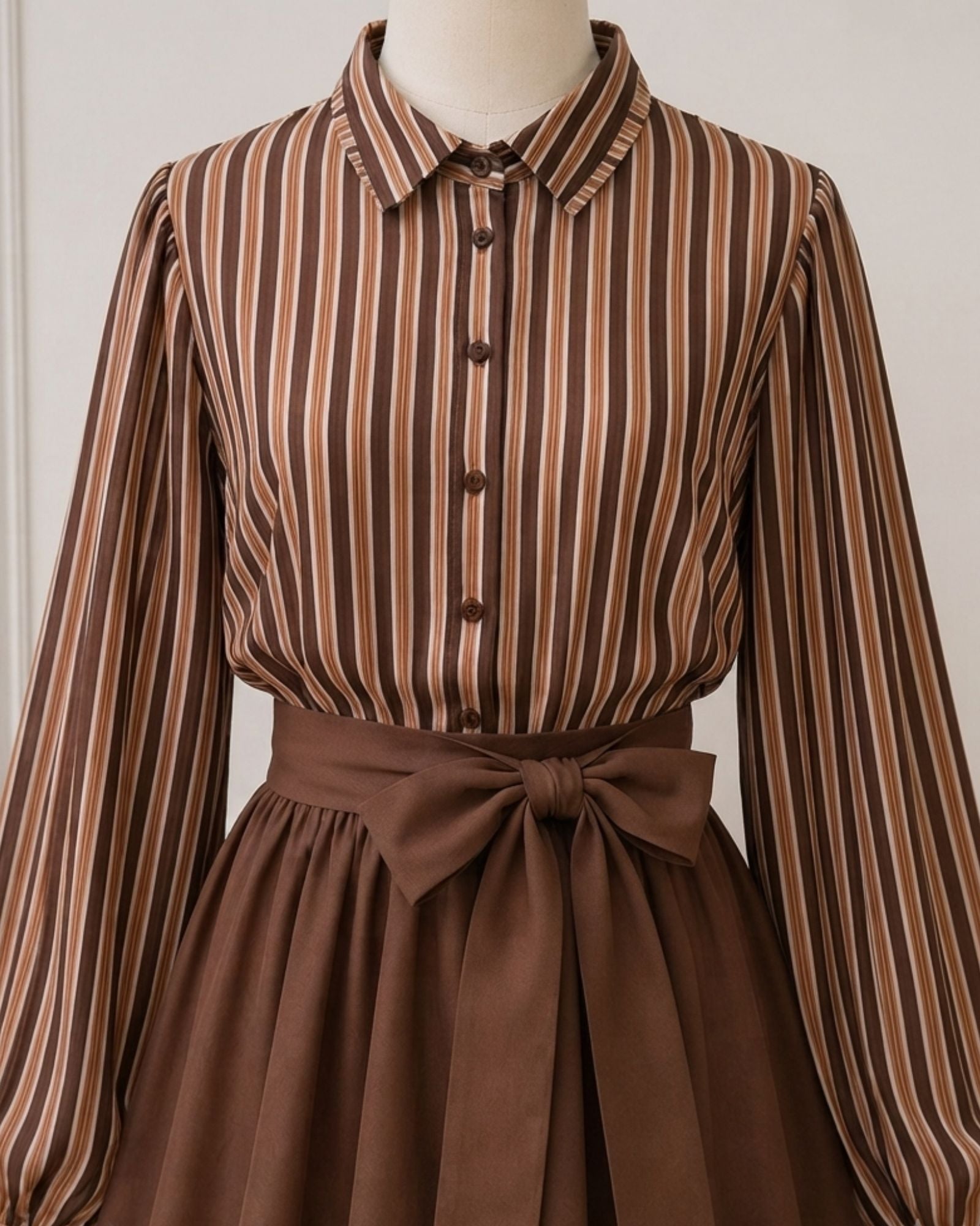 Brown Striped Bow Waist Modest Maxi Dress