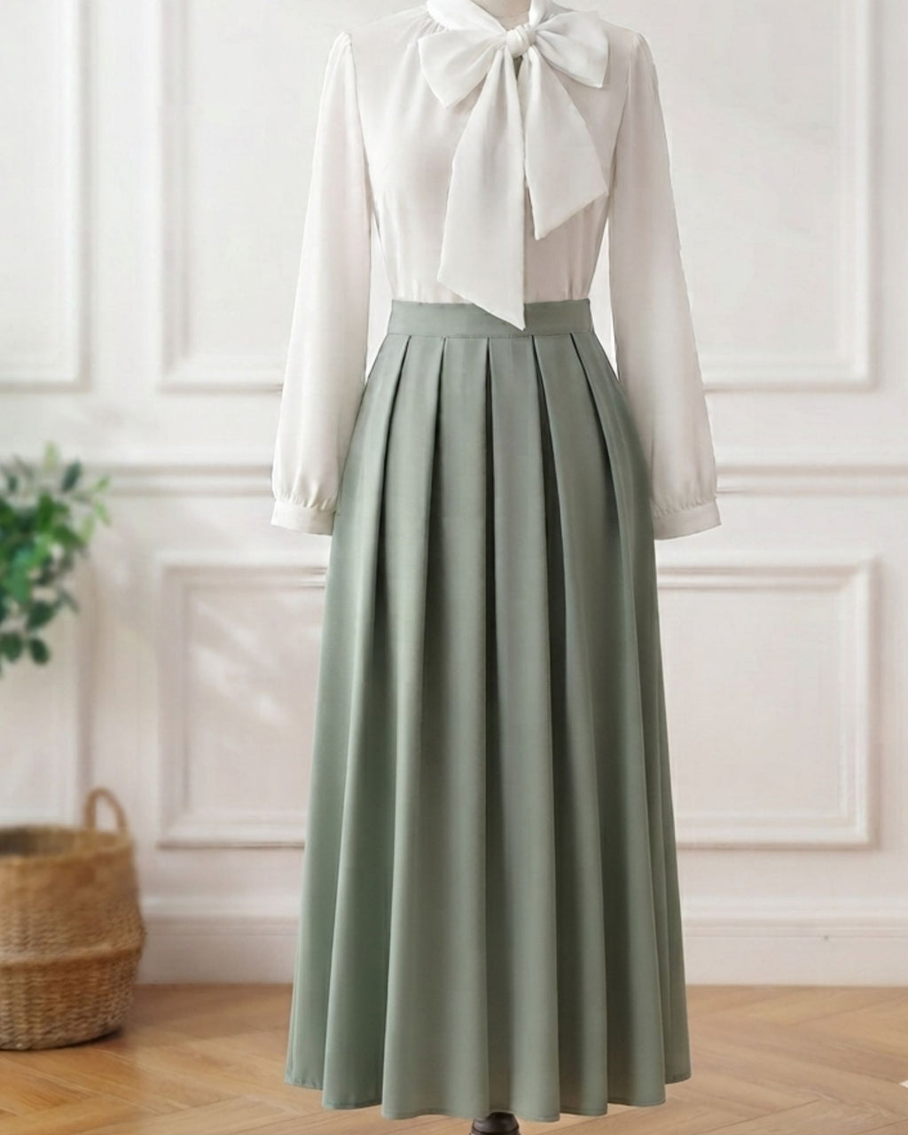Sage Green & Ivory Modest Maxi Dress