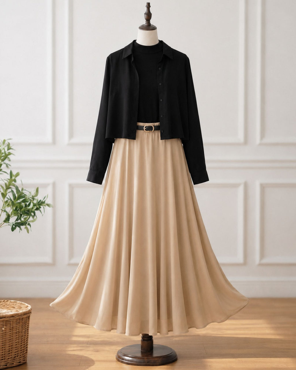 Black Shirt & Beige Maxi Skirt
