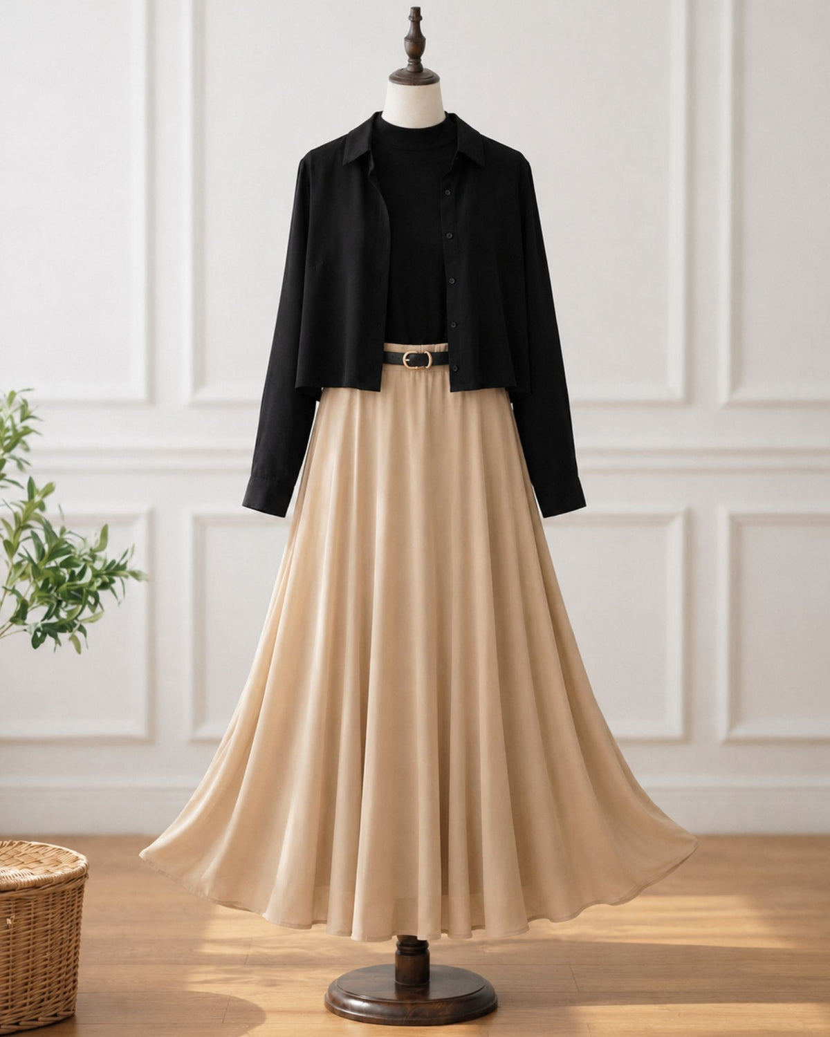 Black Shirt & Beige Maxi Skirt