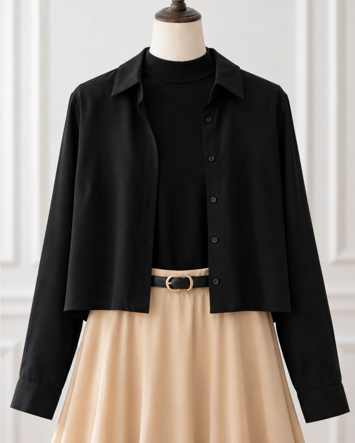 Black Shirt & Beige Maxi Skirt