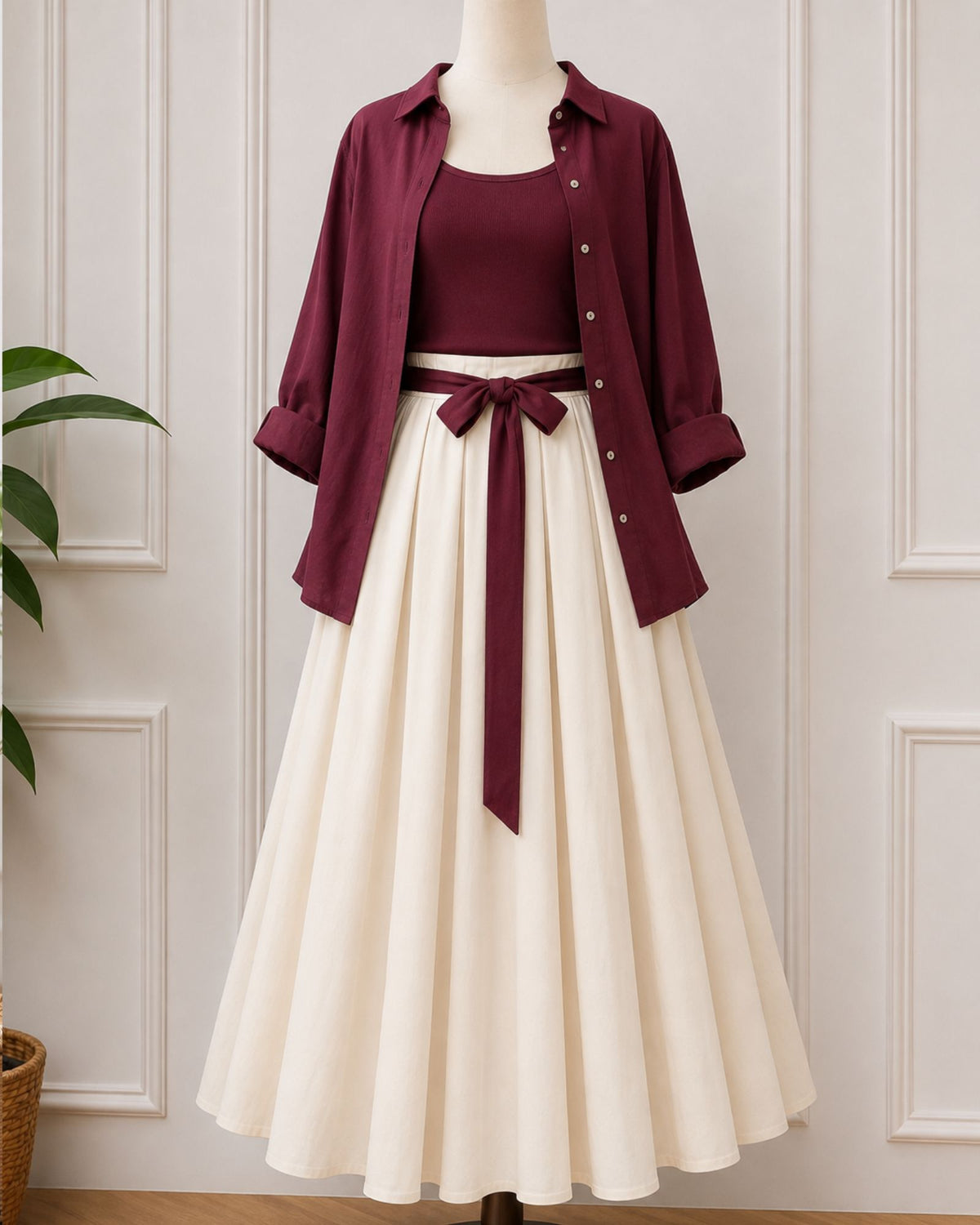 Burgundy Shirt & Pleated Maxi Skirt Set