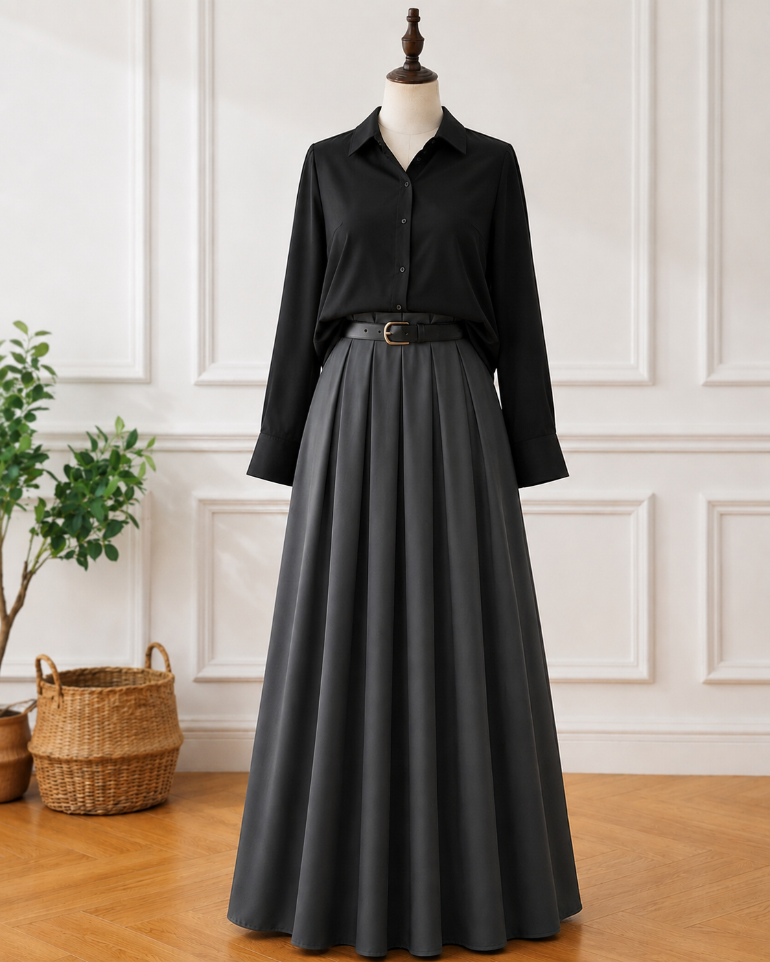 Black Shirt & Grey Pleated Maxi Skirt Set