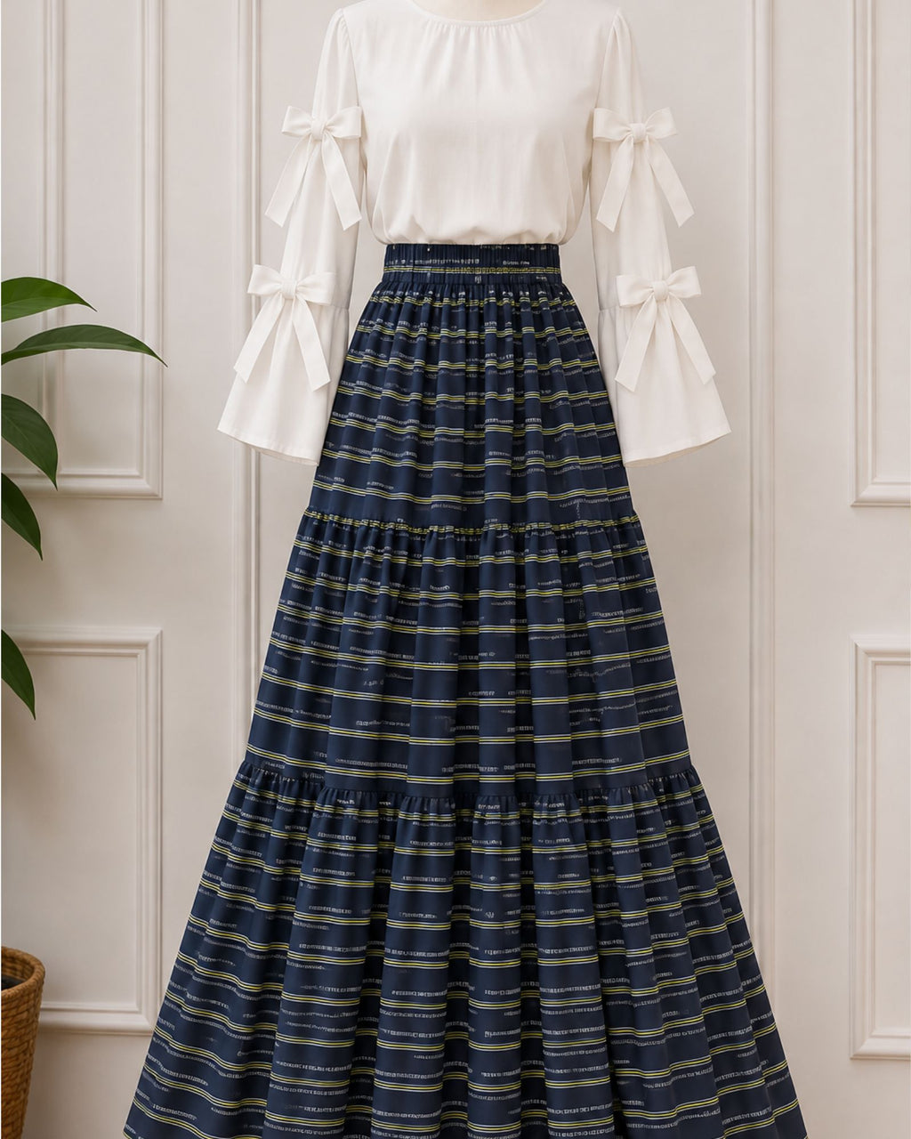 Elegant Navy Stripe Skirt with Bow Sleeves Top