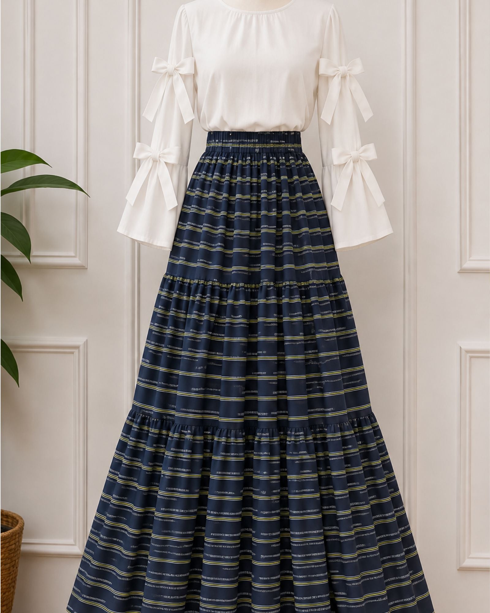 Elegant Navy Stripe Skirt with Bow Sleeves Top