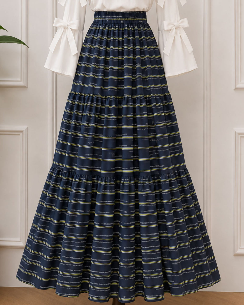 Elegant Navy Stripe Skirt with Bow Sleeves Top