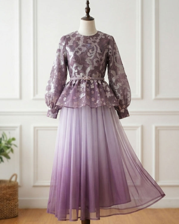 Lilac Peplum Top & Ombre Chiffon Skirt Outfit