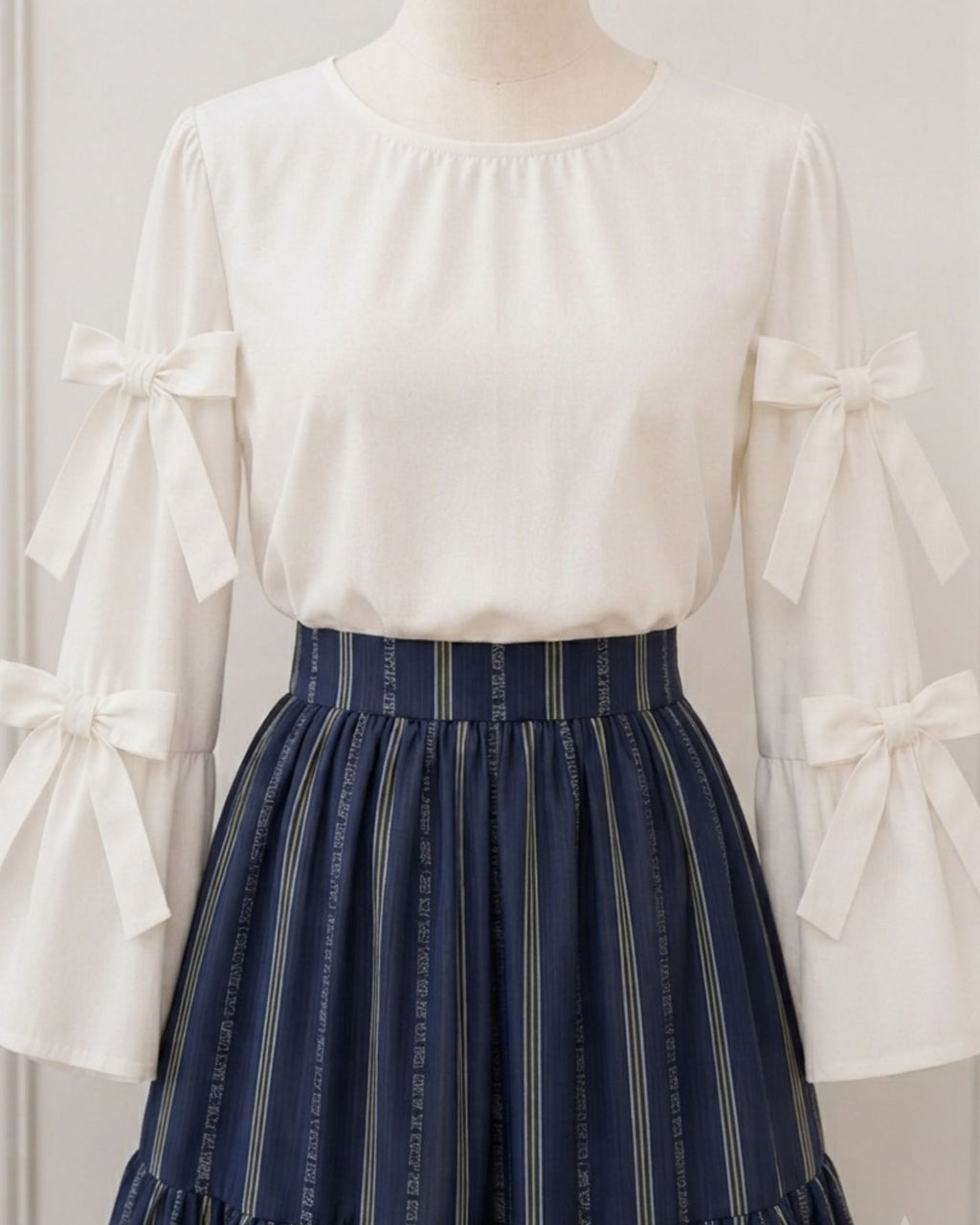 Elegant Navy Stripe Skirt with Bow Sleeves Top