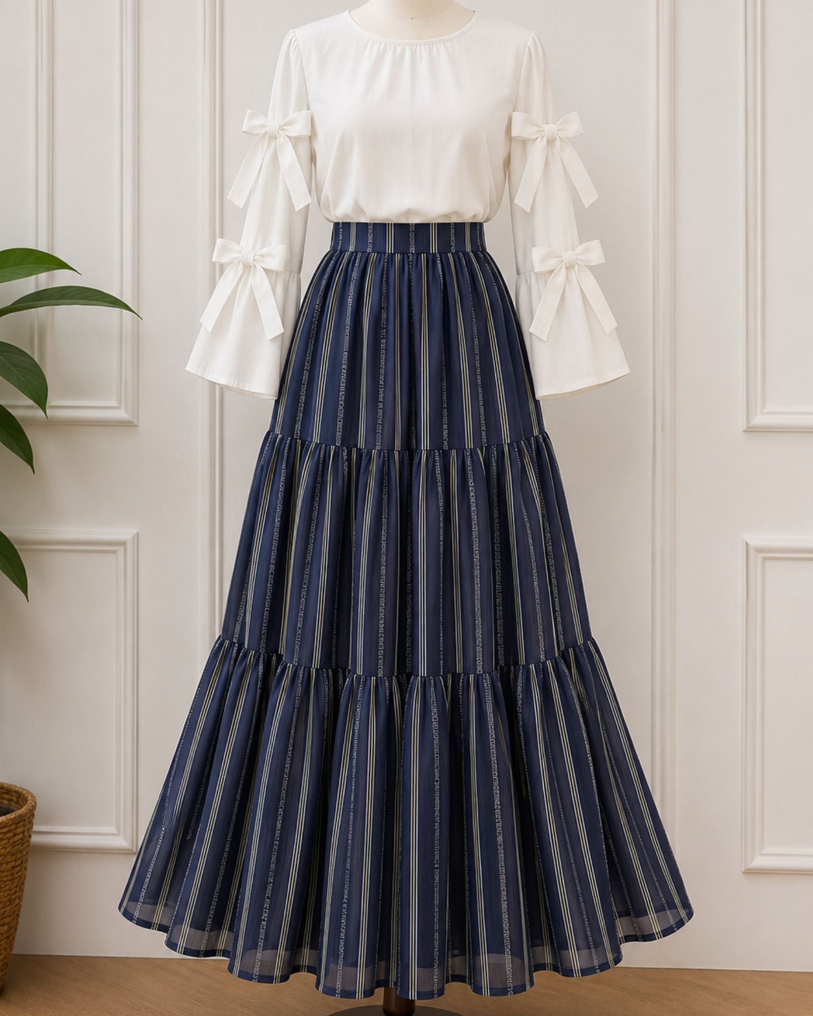 Elegant Navy Stripe Skirt with Bow Sleeves Top